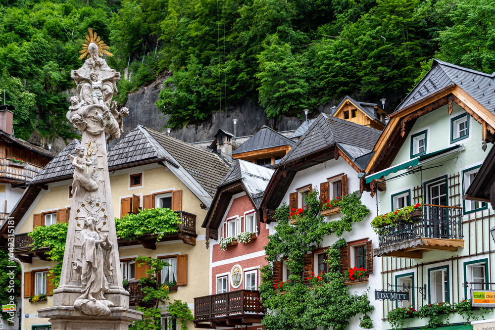 Statue of the Holy Trinity at the Market Square in Hallstatt, Austria. Part of the UNESCO World Heritage region.