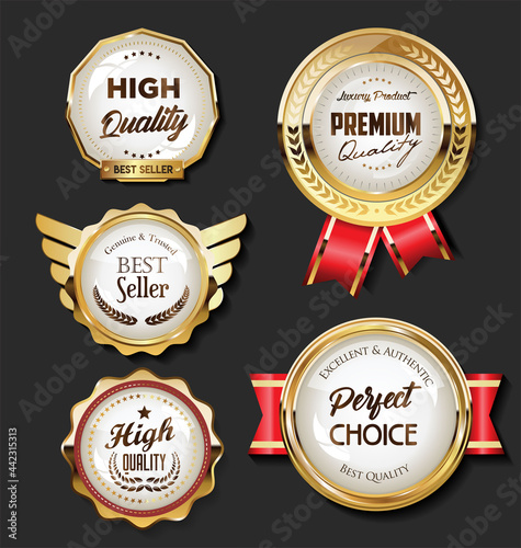 Collection of golden badges and labels retro