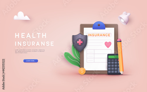 Health Insurance Contract. Health insurance concept. 3D Web Vector Illustrations.