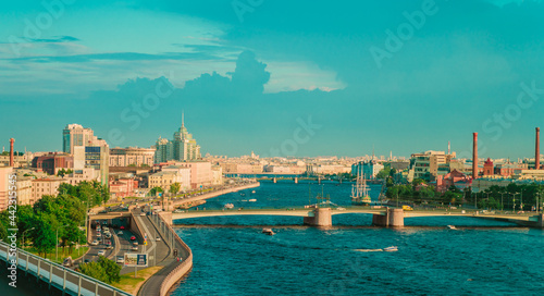Panorama of the city and view of the Neva River. Saint Petersburg, Russia - 26 June 2021