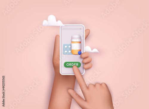 Person buying the pills online with the smartphone. Ordering medicines online concept. 3D Web Vector Illustrations.