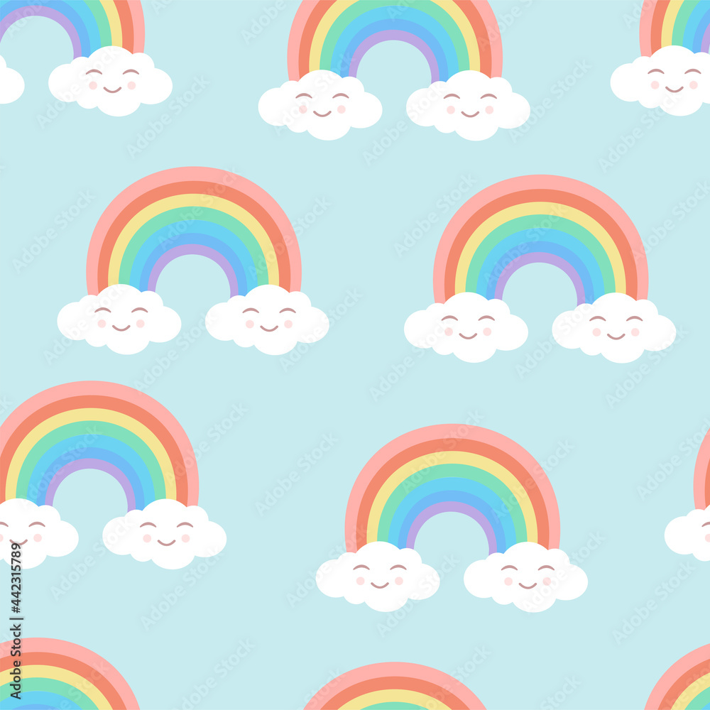 Seamless cartoon texture with rainbow and cute clouds on a blue background. Vector illustration for fabrics, textures, wallpapers, posters, stickers, postcards. Childish fun print. Editable elements. Seamless cartoon texture with rainbow and cute clouds on a blue background. Vector illustration for fabrics, textures, wallpapers, posters, stickers, postcards. Childish fun print. Editable elements.