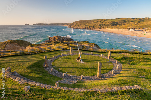 The view across Perranporth, Cornwall in early summer, with the sundial in the foreground photo