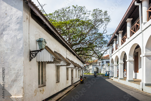 Hospital street at sunny day. Ancient Dutch Galle Fort (UNESCO World Heritage Site), Sri Lanka.