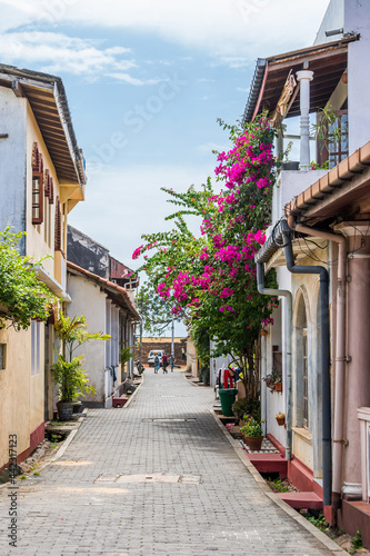 Obraz na plátně Small old cozy street at rainy day: New Lane street in the Dutch Galle Fort, Sri Lanka