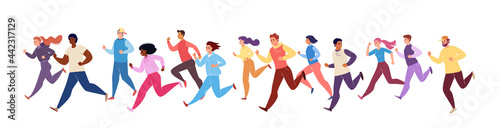 Jogging athletes. Running men and women in winter tracksuits. Sports competitions, training, athletics. Marathon race, 5k run, sprint. Healthy active lifestyle. Vector illustration.