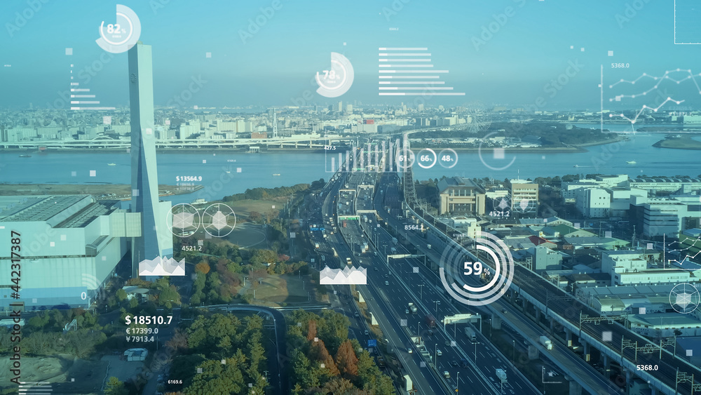 Obraz premium 社会統計 都市と様々なグラフ