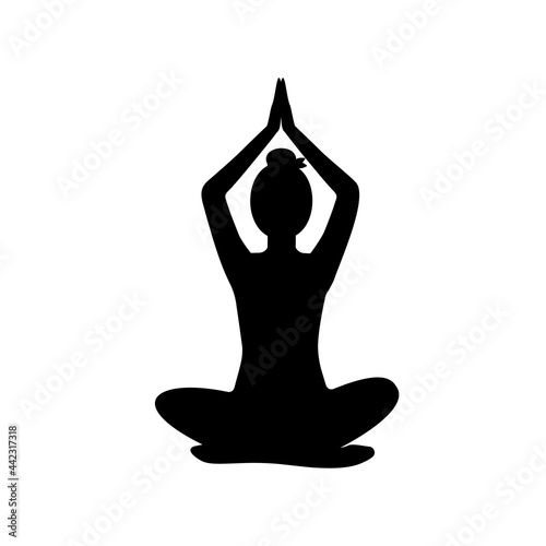 Woman sits in lotus position with his hands raised above his head, black silhouette on white background. Slim girl practice meditation. Yoga complex. Healthy lifestyle concept. Vector illustration	