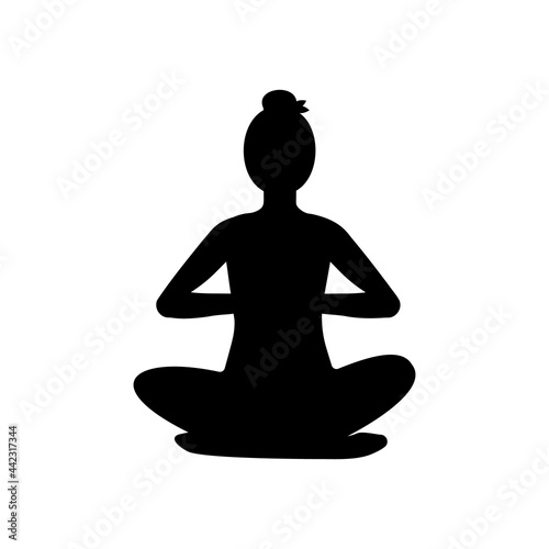 Woman sits in lotus position and namaste, black silhouette on white background. Slim girl practice Asana for meditation and relaxation. Yoga complex. Healthy lifestyle concept. Vector illustration	