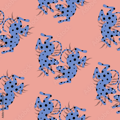 Cute blue leopard with jungle leaves on a pink background. Wild big cats. Animal seamless pattern. 