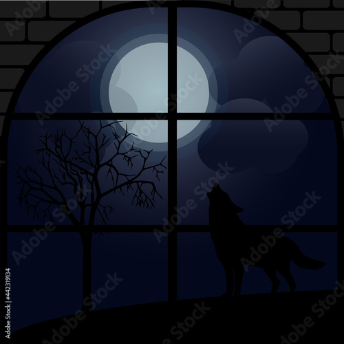 Wolf howling at the moon vector. Night view from the window - illustration.