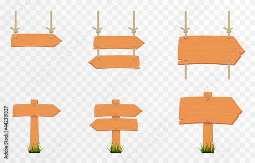 Set of cartoon wooden pointers, plates. Wooden pointers, plaques on an isolated transparent background. PNG.