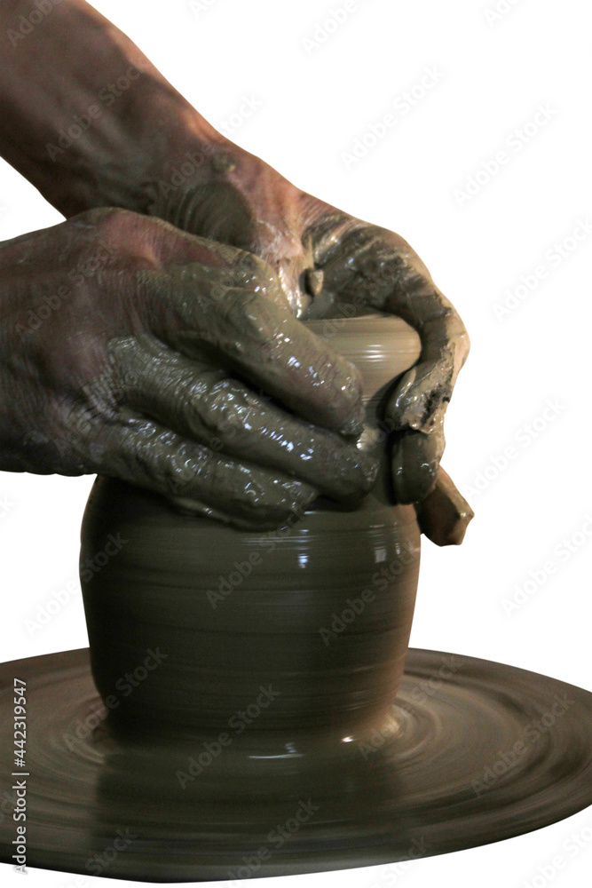 Pottery workshop. Hands and pottery isolated on white background.