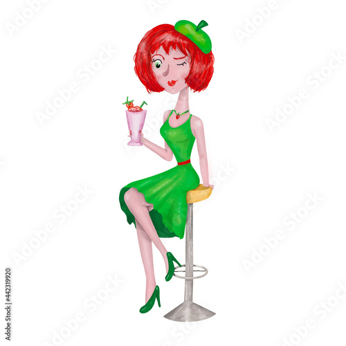 Girl with strawberry coctail on the bar stool
 photo