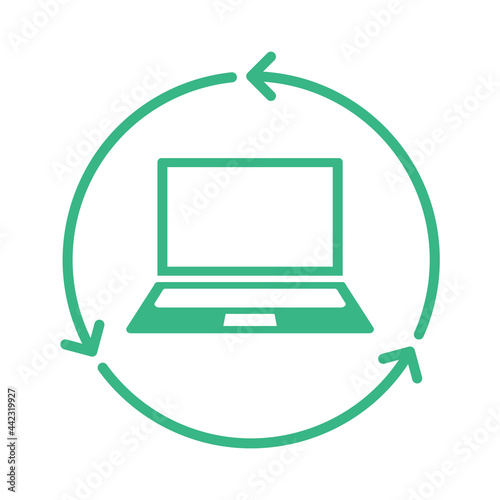 Recycling laptop sign. Notebook computer inside circle arrows. Electronic waste management. Personal computer buyback icon. Reusable materials. Sustainable technology. Vector illustration, clip art.