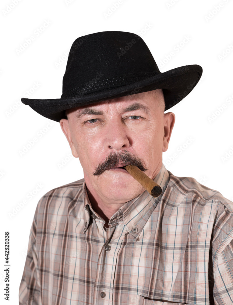 The cowboy with mustache, in a black hat smoking a cigar The cowboy with mustache, in a black hat smoking a cigar