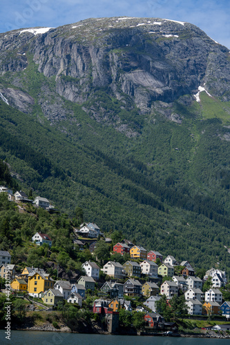 Houses built on the mountainside in Odda. photo