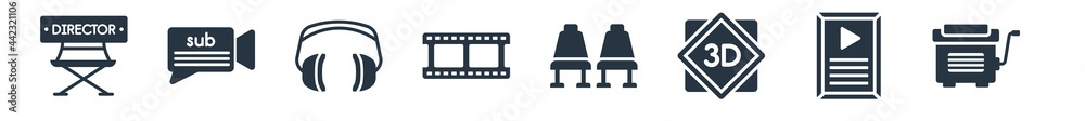 cinema filled icons. glyph vector icons such as cinema hurdy gurdy, film poster, 3d text, cinema chair, film, headphone, subtitle sign isolated on white background. cinema filled icons. glyph vector icons such as cinema hurdy gurdy, film poster, 3d text, cinema chair, film, headphone, subtitle sign isolated on white background.