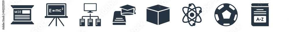 education filled icons. glyph vector icons such as dictionary, soccer, physics, cube, scholar, computer and network, theory of relativity sign isolated on white background.