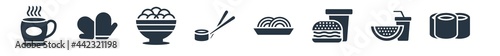 food filled icons. glyph vector icons such as maki, slice of melon and juice, hamburger and drink, spaguetti, sushi and chopsticks, chow mein, cooking mitts sign isolated on white background.