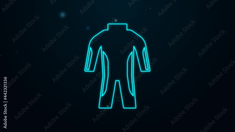 Glowing neon line Wetsuit for scuba diving icon isolated on black background. Diving underwater equipment. 4K Video motion graphic animation