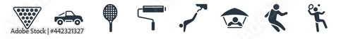 free time filled icons. glyph vector icons such as badminton, jumping, hang glider, bungee jumping, roller, tennis racket, buggy sign isolated on white background.