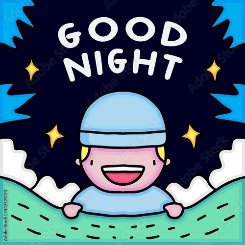 cute kid with good nightconcept. cartoon illustration for design poster and background.