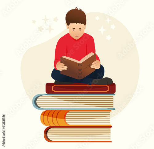 Happy boy sitting on stack of books and reading an old storybook vector illustration. Cartoon flat character in modern colors.Book lovers Day. Youth.