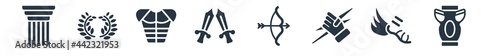 greece filled icons. glyph vector icons such as amphora, hermes, zeus, artemis, xifos, armor, laurel sign isolated on white background.