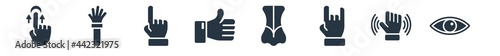 gestures filled icons. glyph vector icons such as watch dark eye, greetings, two fingers up, body parts, thumb finger up, dubious, hand up sign isolated on white background.