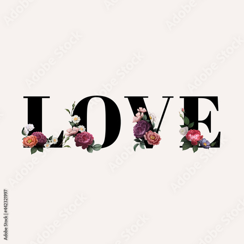 Canvas Print Floral love word typography on a beige background