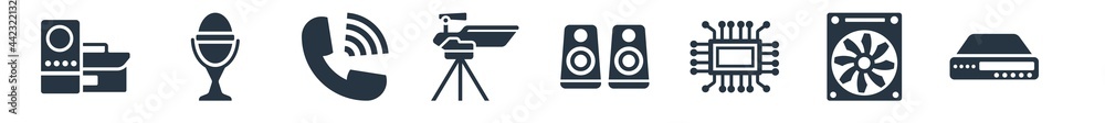 hardware filled icons. glyph vector icons such as cd room, computer fan, big processor, two stereo speakers, big camera, phone receiver with, radio mic sign isolated on white background. hardware filled icons. glyph vector icons such as cd room, computer fan, big processor, two stereo speakers, big camera, phone receiver with, radio mic sign isolated on white background.