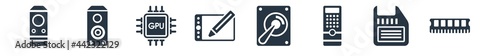 hardware filled icons. glyph vector icons such as random access memory, floppy disk upside down, system unit, harddrive, wacom, gpu, loudspeakers sign isolated on white background.