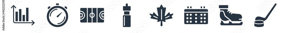 Fototapeta premium hockey filled icons. glyph vector icons such as hockey stick, ice skate, schedule, maple leaf, drink, hockey pitch, timer sign isolated on white background.