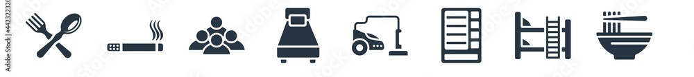 hotel and restaurant filled icons. glyph vector icons such as ramen, bunk, vending machine, vacuum cleaner, single bed, people, smoking sign isolated on white background. hotel and restaurant filled icons. glyph vector icons such as ramen, bunk, vending machine, vacuum cleaner, single bed, people, smoking sign isolated on white background.
