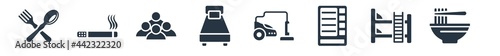hotel and restaurant filled icons. glyph vector icons such as ramen, bunk, vending machine, vacuum cleaner, single bed, people, smoking sign isolated on white background.