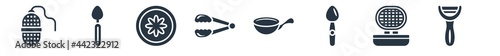 kitchen filled icons. glyph vector icons such as vegetable peeler, waffle iron, tablespoon, wok, tongs, trivet, teaspoon sign isolated on white background.
