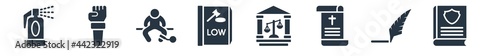 law and justice filled icons. glyph vector icons such as custody, feather pen, death certificate, court, constitutional law, prisioner, violence sign isolated on white background.