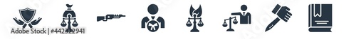 law and justice filled icons. glyph vector icons such as law book, murder, advocate, environmental law, attorney, shotgun, inheritance sign isolated on white background.