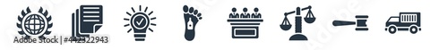 law and justice filled icons. glyph vector icons such as prisoner transport vehicle, gavel, adminstrative law, jury, corpse, intellectual property, documents sign isolated on white background.