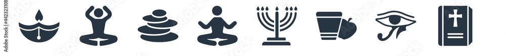 Obraz premium religion filled icons. glyph vector icons such as gospel, eye of ra, diet, menorah, lotus position, zen, spiritual sign isolated on white background.