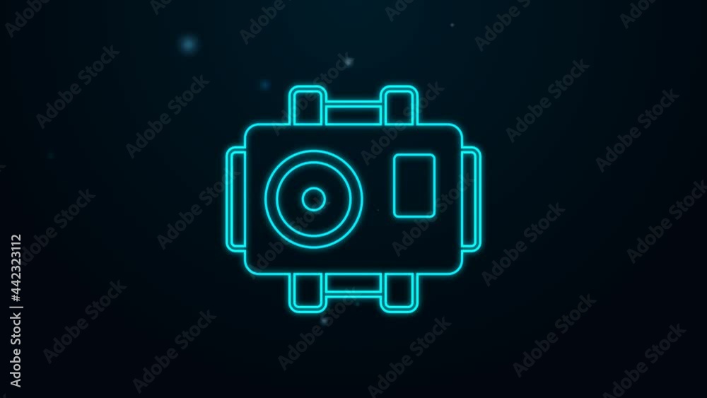 Glowing neon line Photo camera for diver icon isolated on black background. Foto camera icon. Diving underwater equipment. 4K Video motion graphic animation Glowing neon line Photo camera for diver icon isolated on black background. Foto camera icon. Diving underwater equipment. 4K Video motion graphic animation