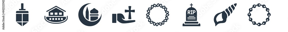 religion filled icons. glyph vector icons such as bead, conch shell, tombstone, crown of thorns, christianity, islamic, noah ark sign isolated on white background. religion filled icons. glyph vector icons such as bead, conch shell, tombstone, crown of thorns, christianity, islamic, noah ark sign isolated on white background.