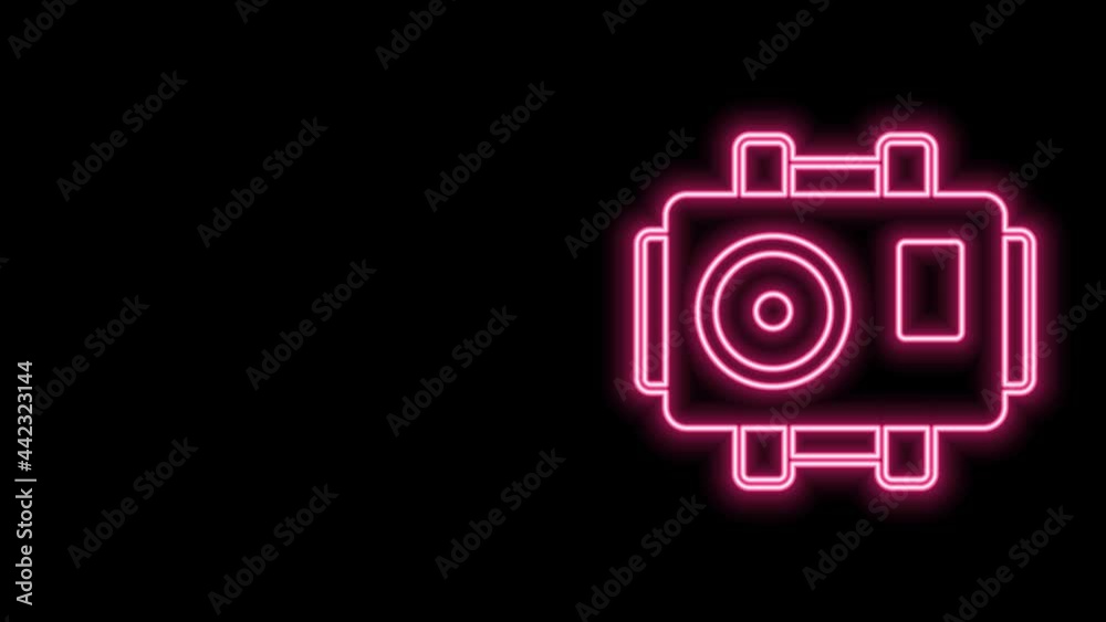 Glowing neon line Photo camera for diver icon isolated on black background. Foto camera icon. Diving underwater equipment. 4K Video motion graphic animation Glowing neon line Photo camera for diver icon isolated on black background. Foto camera icon. Diving underwater equipment. 4K Video motion graphic animation