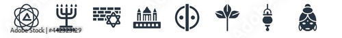 religion filled icons. glyph vector icons such as hindu, jewish incense, bael tree, animism, vatican, kotel, jewish candles sign isolated on white background.