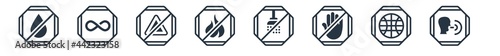signs filled icons. glyph vector icons such as shout, world grid, stop, no shower, coffee shop, no bleaching, infinity sign isolated on white background.