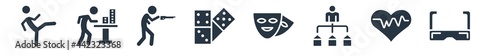 outdoor activities filled icons. glyph vector icons such as 3d glasses, heart rate, dealer, acting, dominoes, hunting, model building sign isolated on white background.