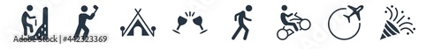 activities filled icons. glyph vector icons such as party, travelling, bmx, walking, hang out, camp, golf playing sign isolated on white background.