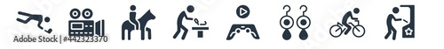activity and hobbies filled icons. glyph vector icons such as pachinko, biking, jewelry making, game playing, wood carving, horse riding, film making sign isolated on white background.