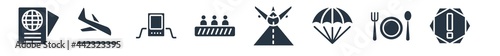 airport terminal filled icons. glyph vector icons such as danger sing, clutery for lunch, parachute open, landing runway, escalator with right arrow, airport x ray machine, plane landing sign photo